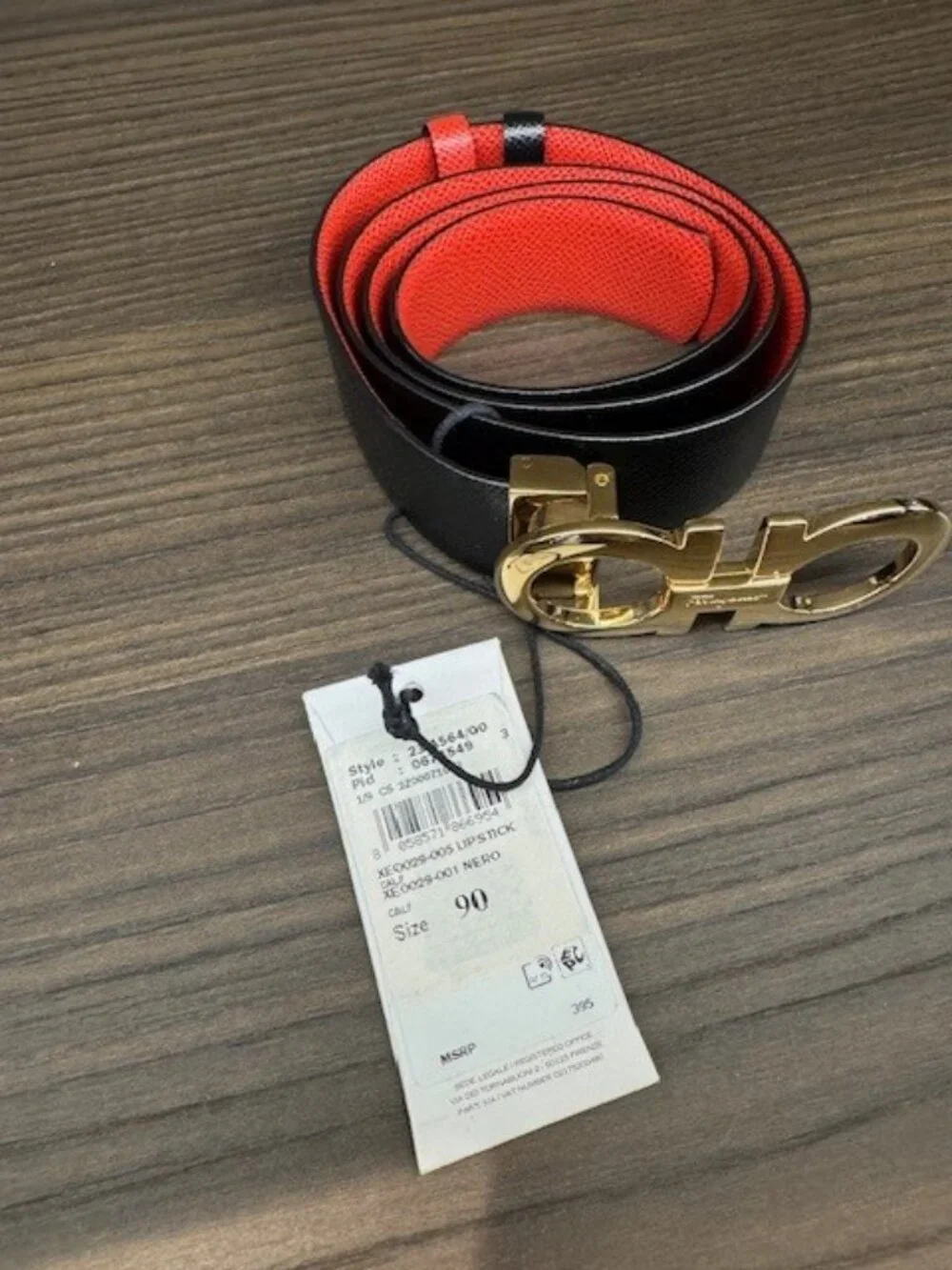 Salvatore Ferragamo Black Exterior Red Interior Leather Belt with Gold Gancini